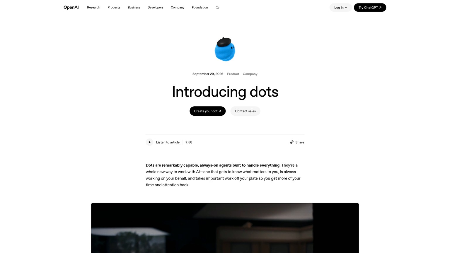 صفحة إطلاق OpenAI Dots التي تعرض منتج الوكيل الدائم