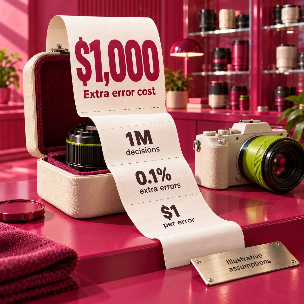 Illustrative receipt showing one million decisions times 0.1 percent extra errors times one dollar per error equals one thousand dollars