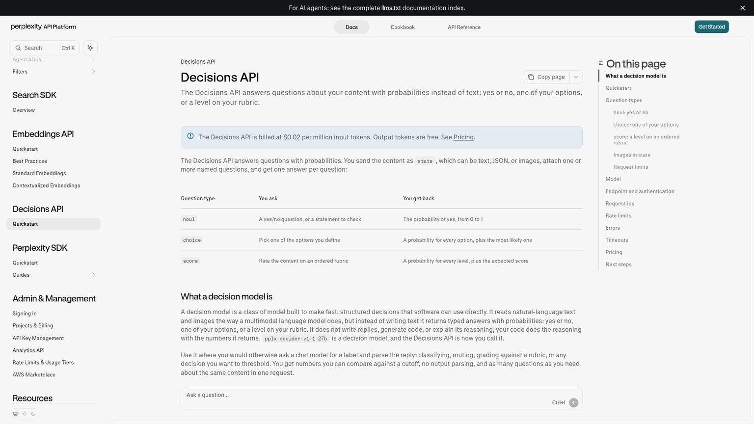 Perplexity Decisions API guide with request examples and pricing