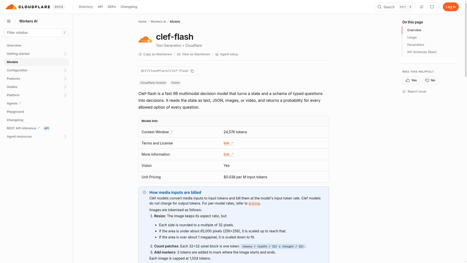 Cloudflare Clef-flash documentation showing its current context window and input rate