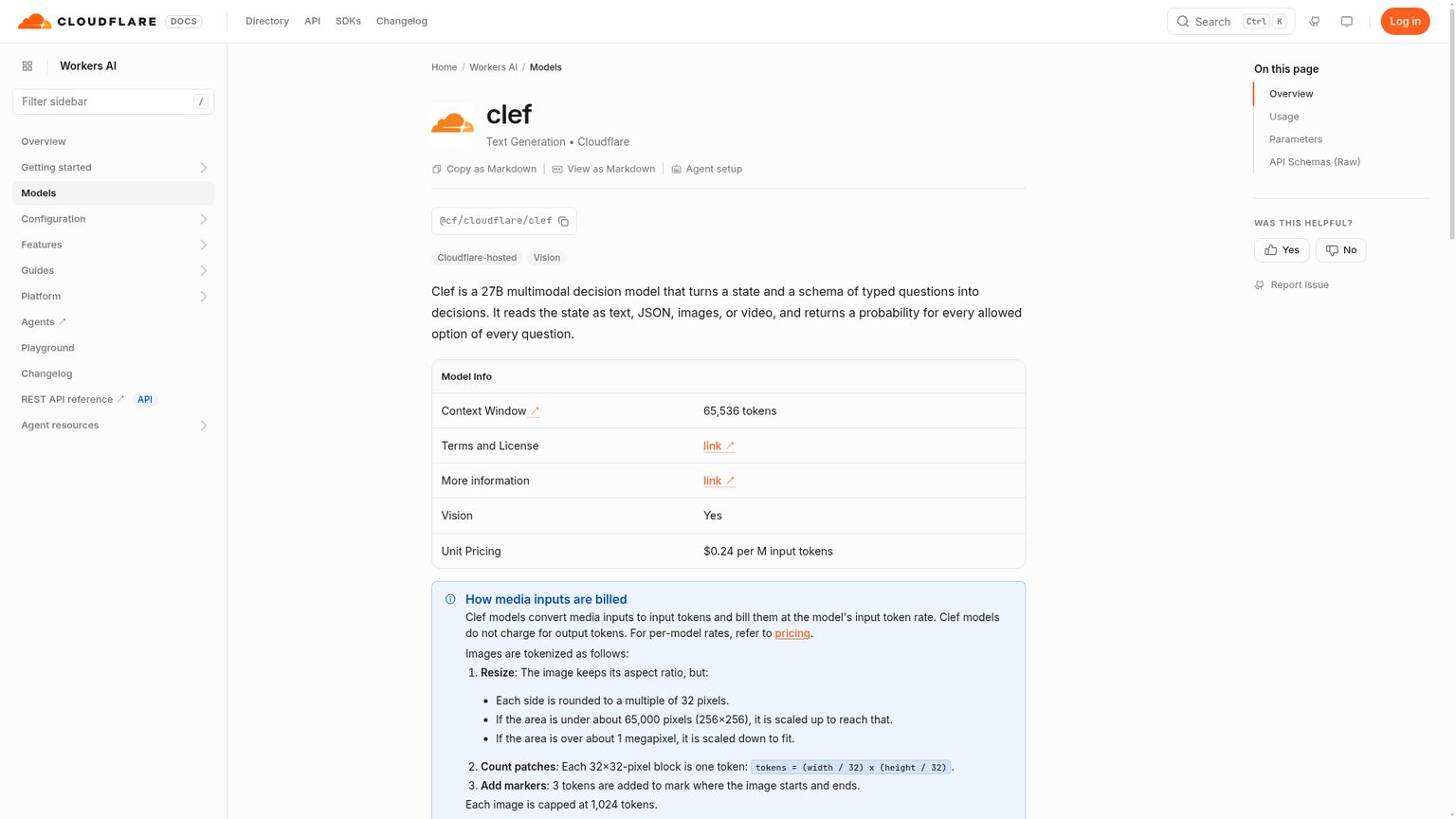 Cloudflare Clef model page with its hosted context and model details