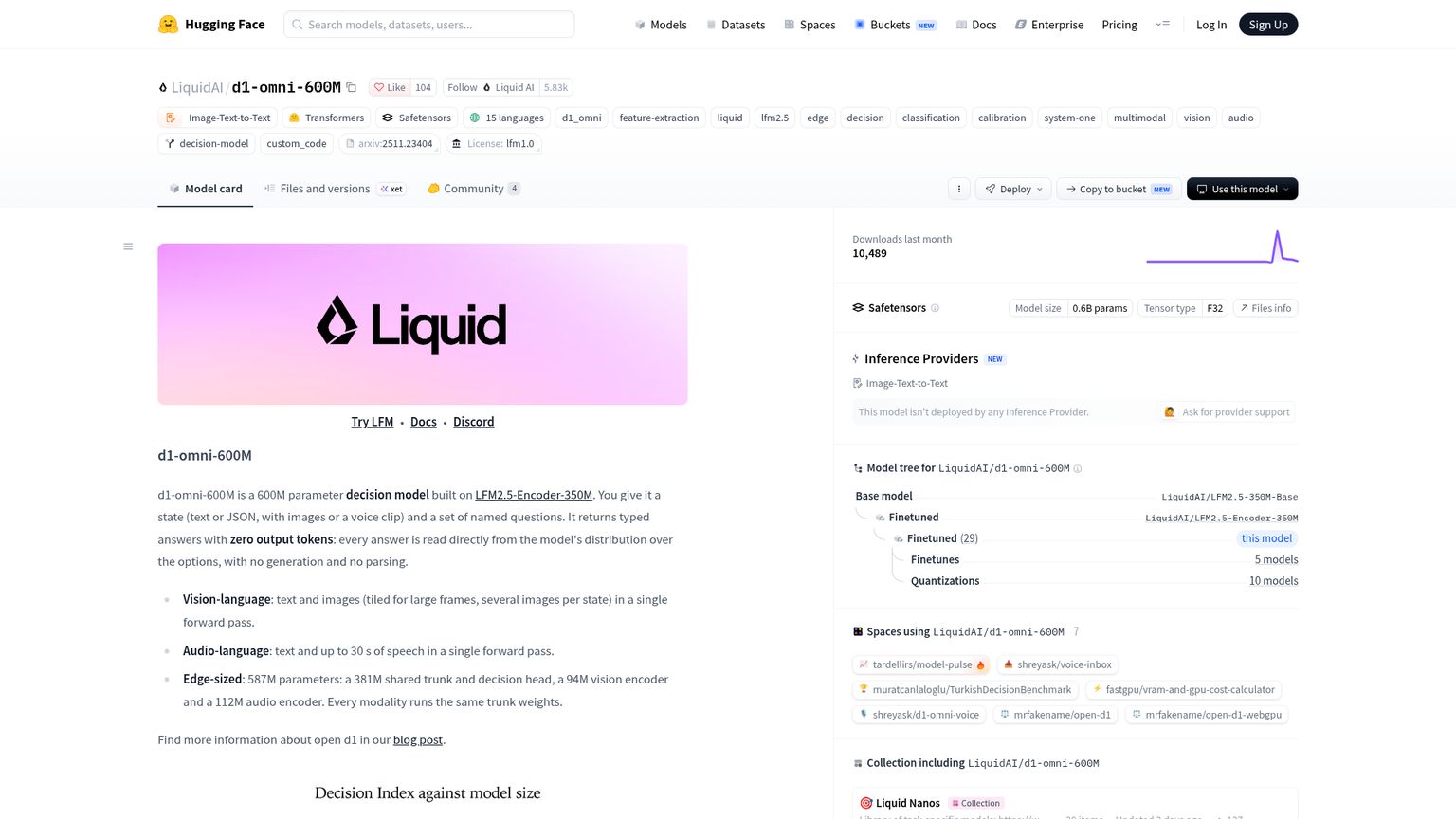 Liquid AI d1-omni-600M official card describing text, image and speech decision inputs