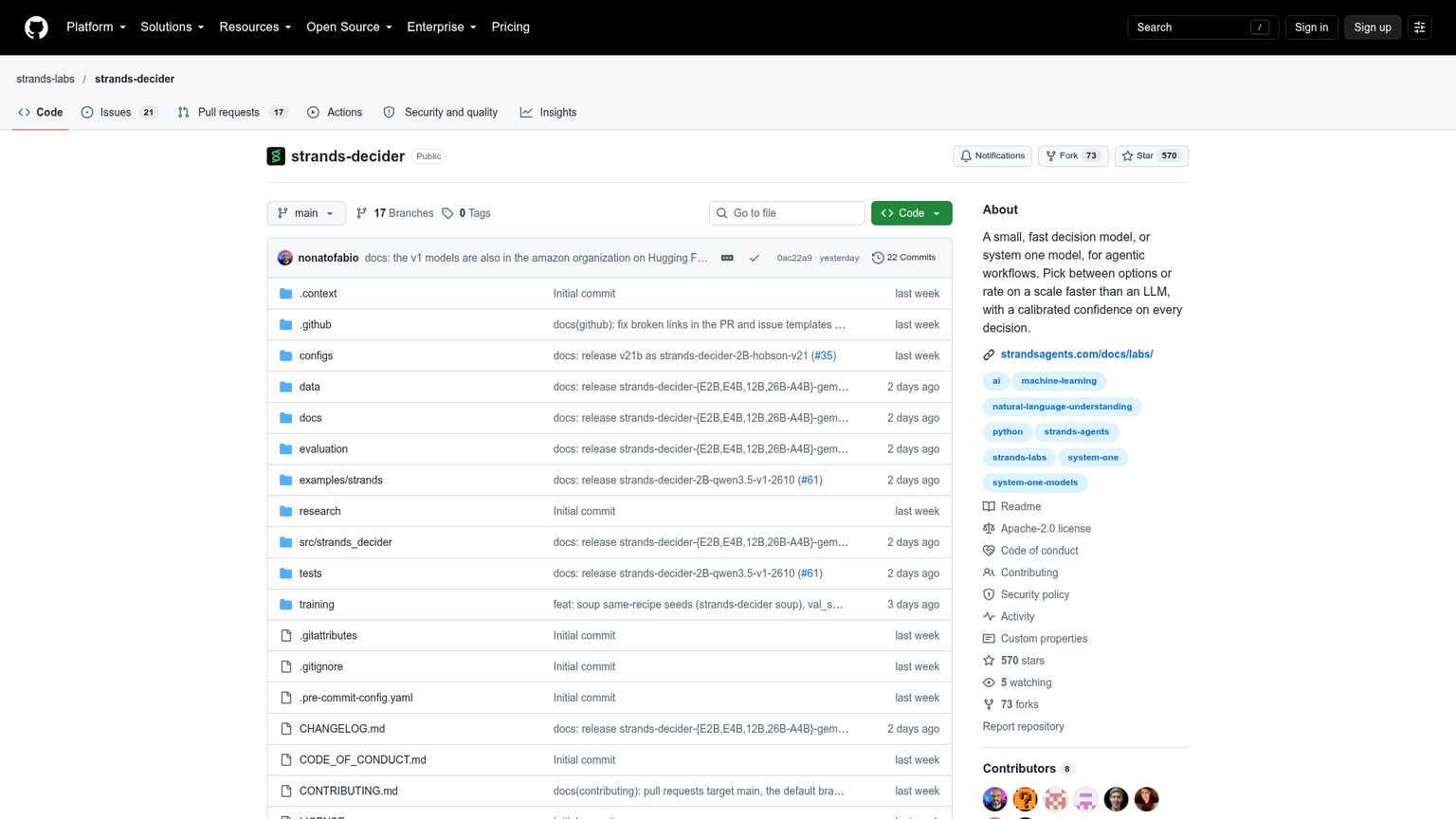 Strands Labs official Strands Decider repository with model instructions and evaluations