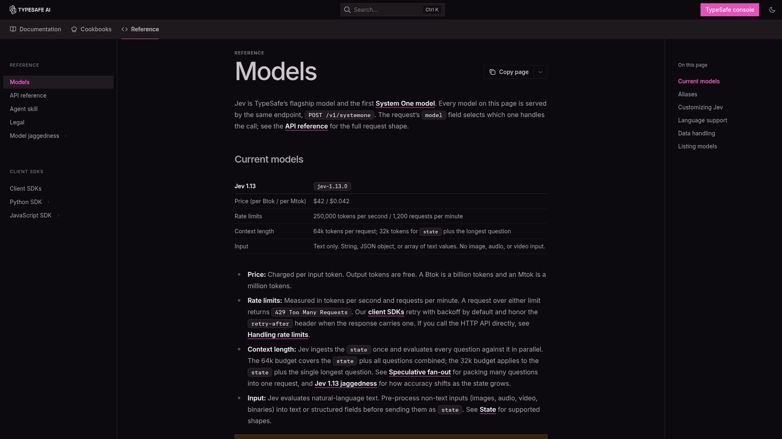 Catalogue des modèles TypeSafe affichant le modèle Jev actuel, ses entrées, son contexte et son tarif