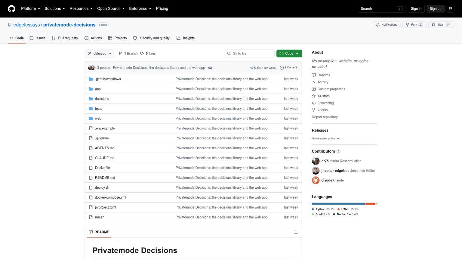 Dépôt épinglé de Privatemode Decisions montrant son API de décision et son exemple GLM
