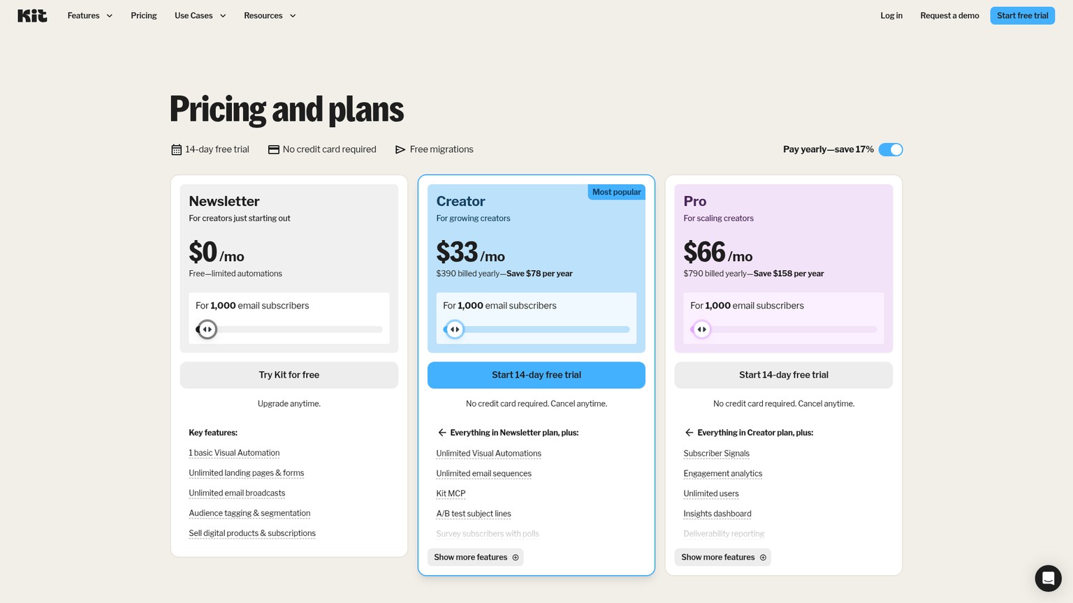 Kit pricing page showing Newsletter, Creator, and Pro plans