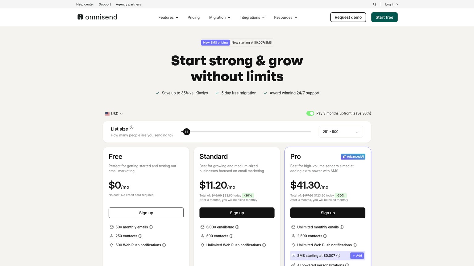 Omnisend pricing page showing Free, Standard, and Pro plans