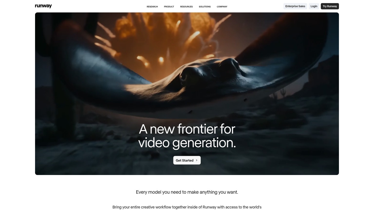 Runway homepage showing its AI video generation and editing tools