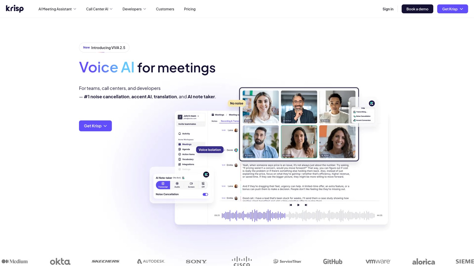 Krisp homepage showing its meeting audio and assistant products