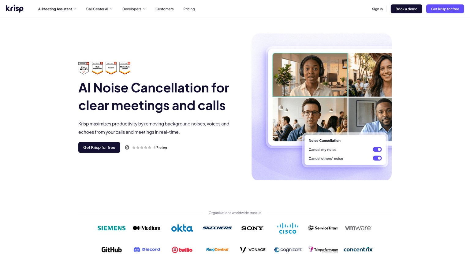 Krisp noise cancellation page showing live call audio features
