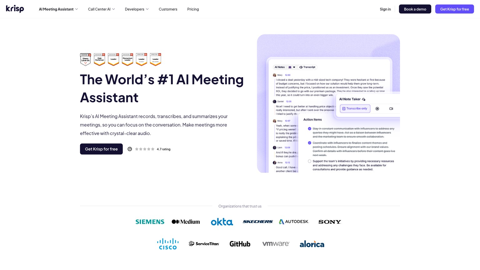 Krisp AI Meeting Assistant page showing notes, audio, and accent features