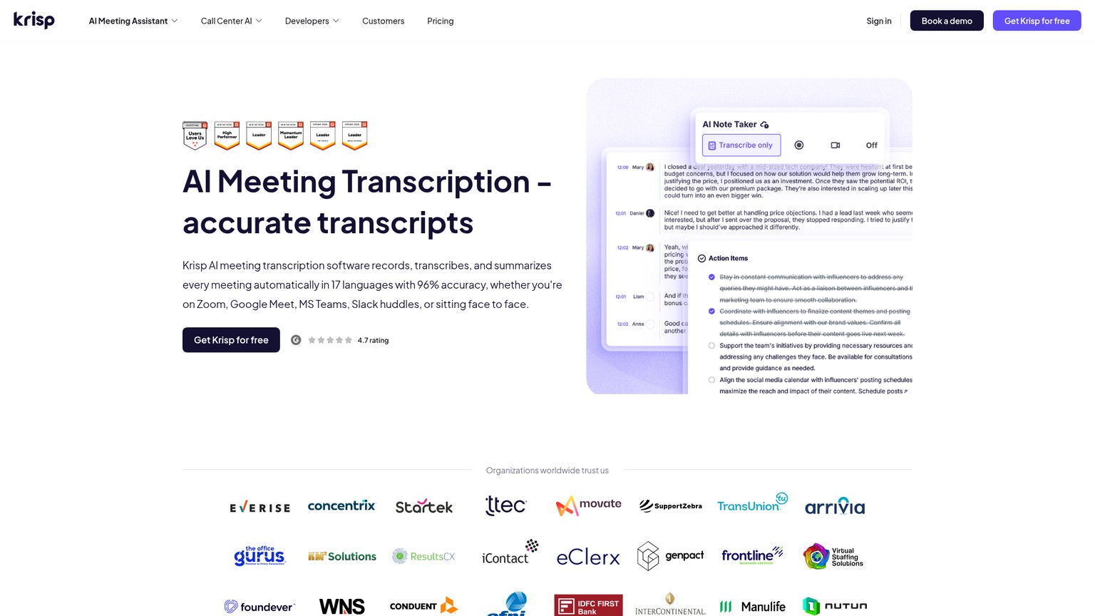 Krisp meeting transcription page showing transcript modes and speaker identification