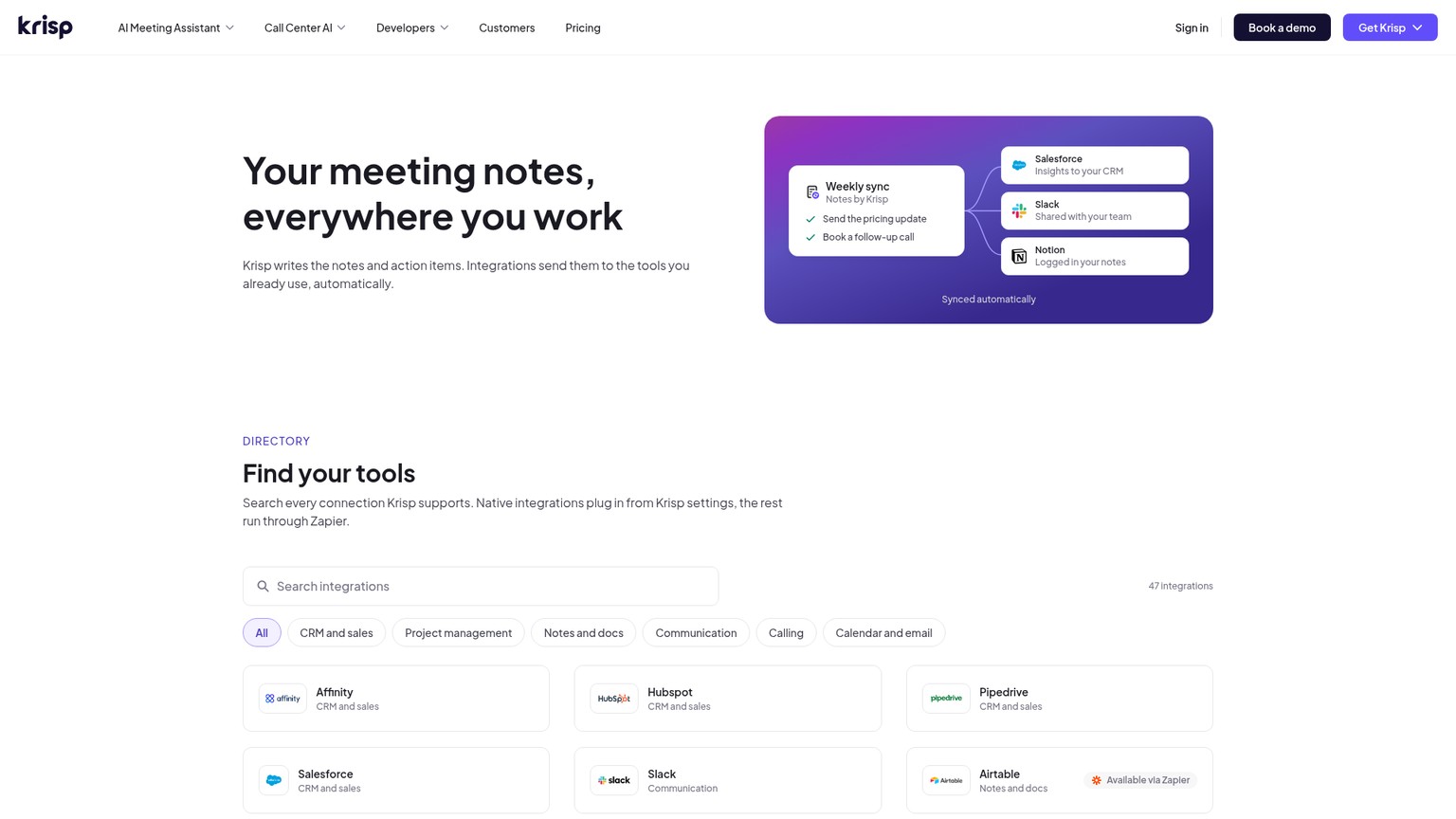 Krisp integrations page showing connected meeting workflows