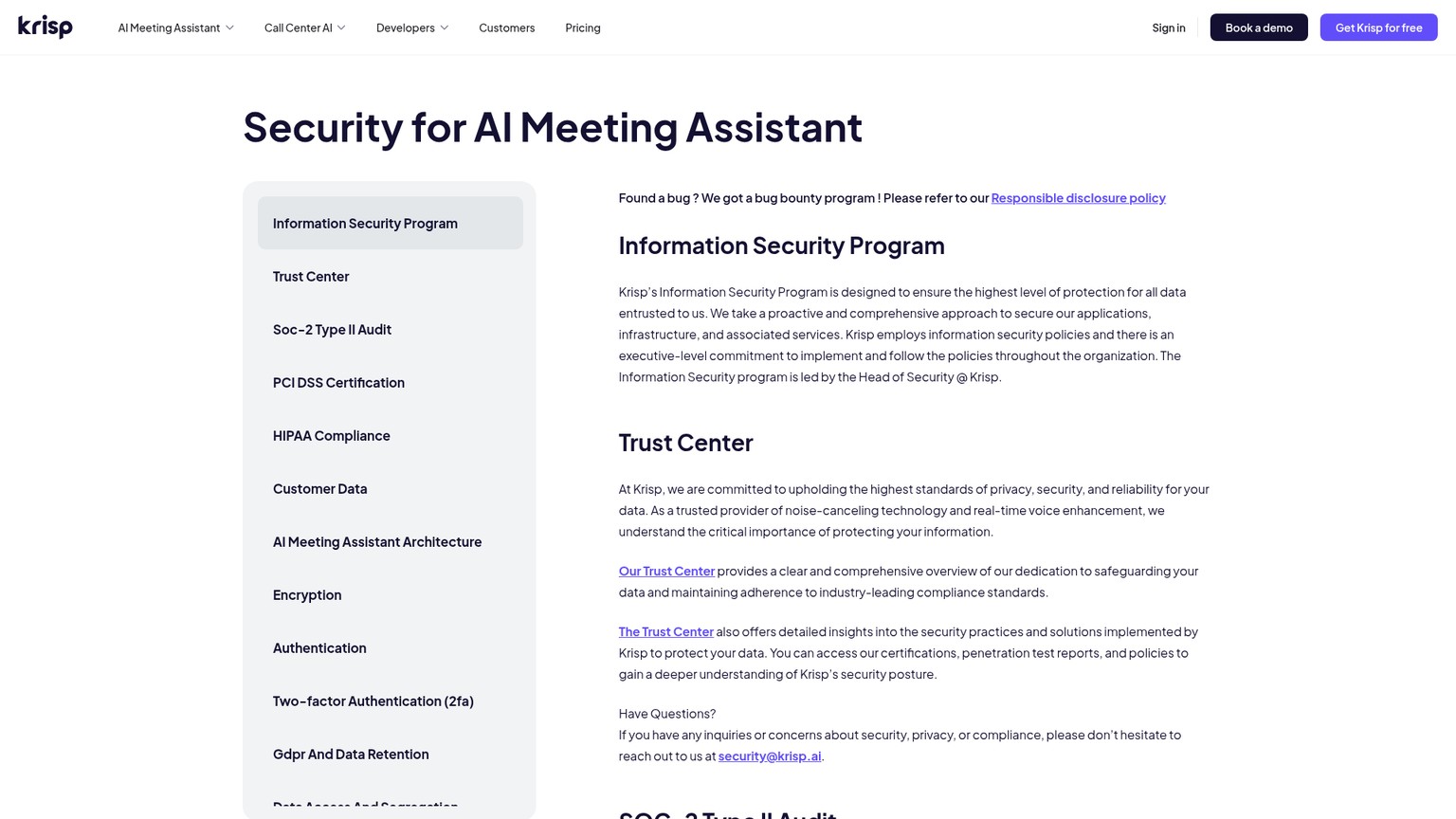 Krisp Meeting Assistant security page detailing stored data and controls