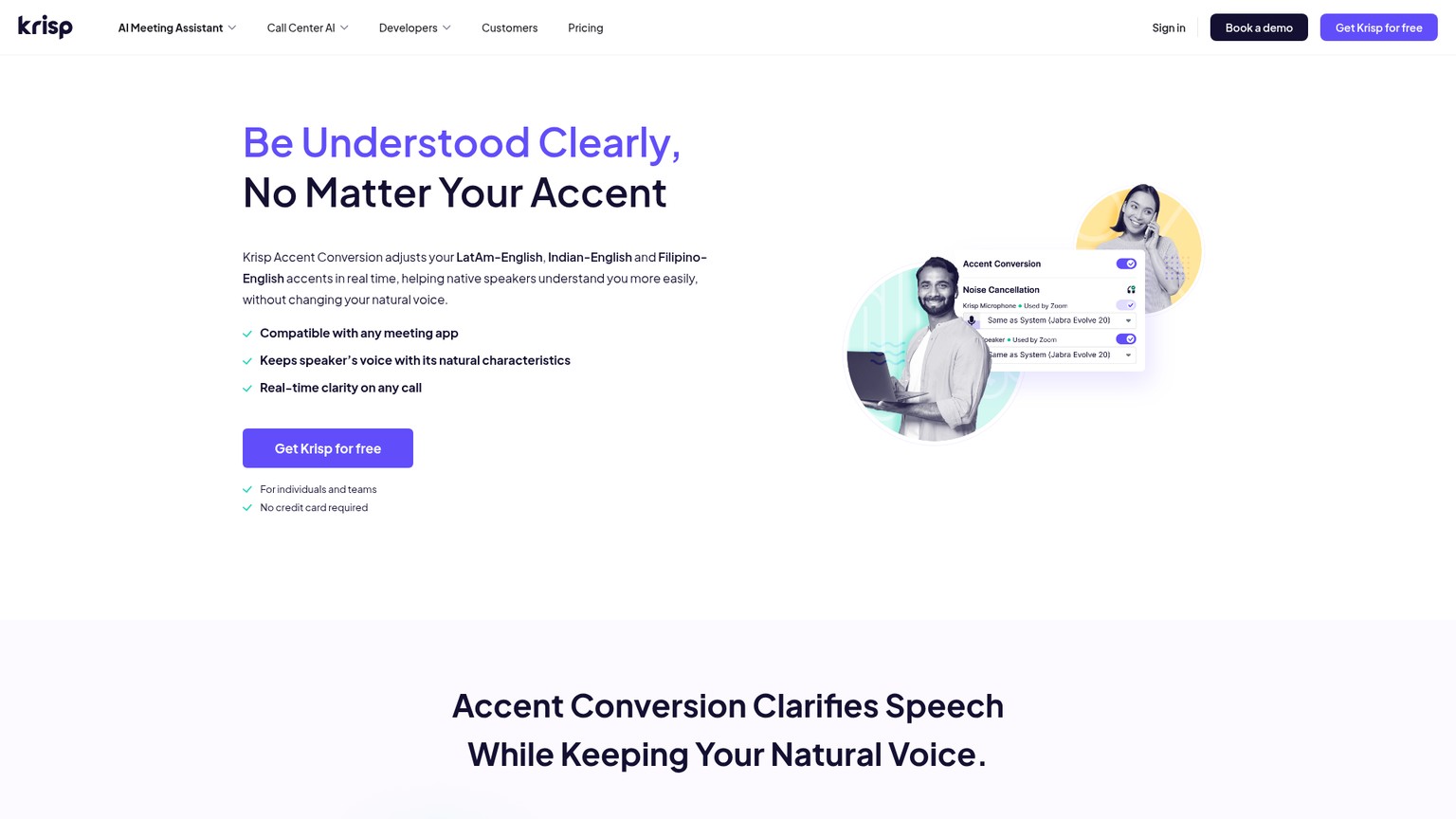 Krisp Accent Conversion page showing speaker-side real-time conversion