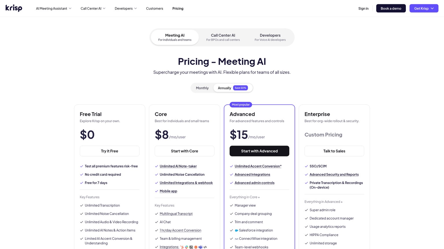 Krisp pricing page showing Free Trial, Core, Advanced, and Enterprise