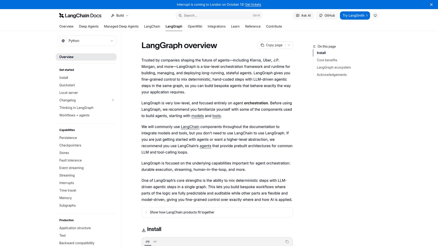 LangGraph official documentation showing its orchestration runtime and code-oriented graph model