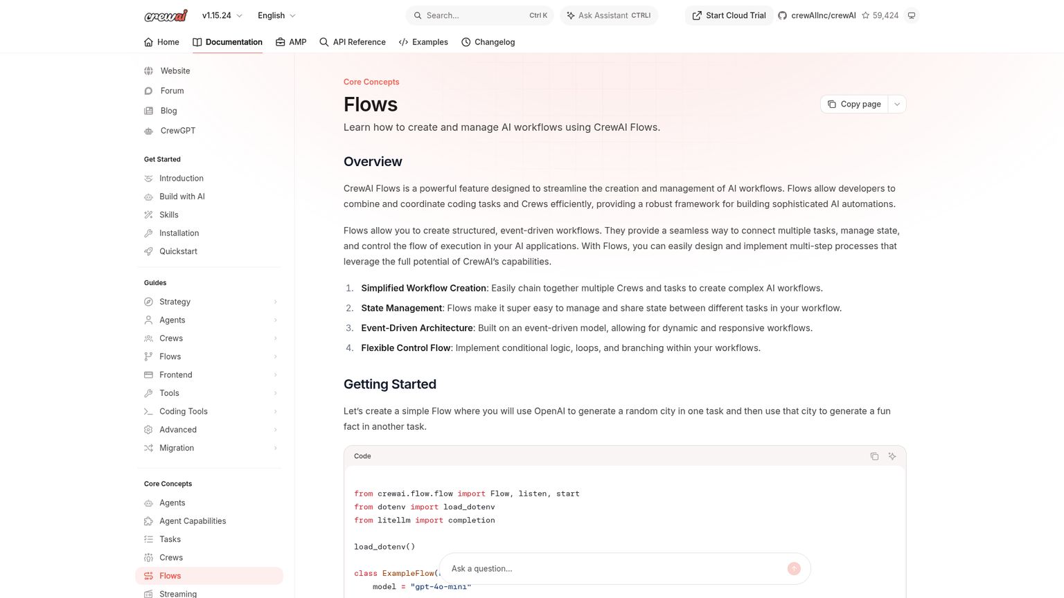 CrewAI official Flow documentation showing explicit state and event-based workflow composition
