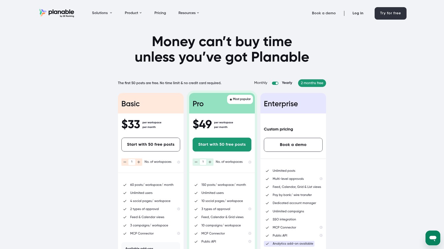 Planable pricing page showing Basic, Pro, and Enterprise plans