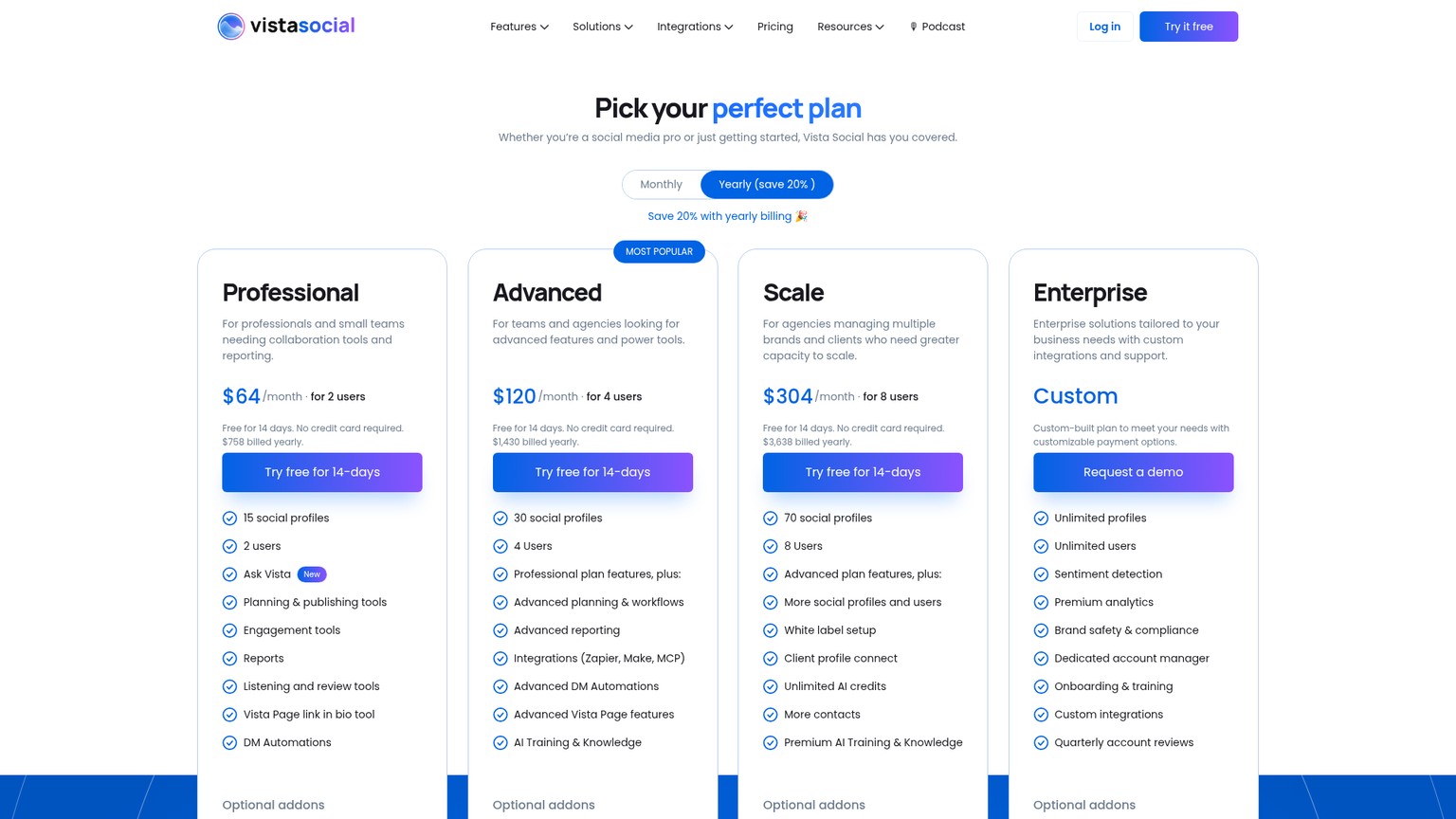 Vista Social pricing page showing Professional, Advanced, Scale, and Enterprise plans