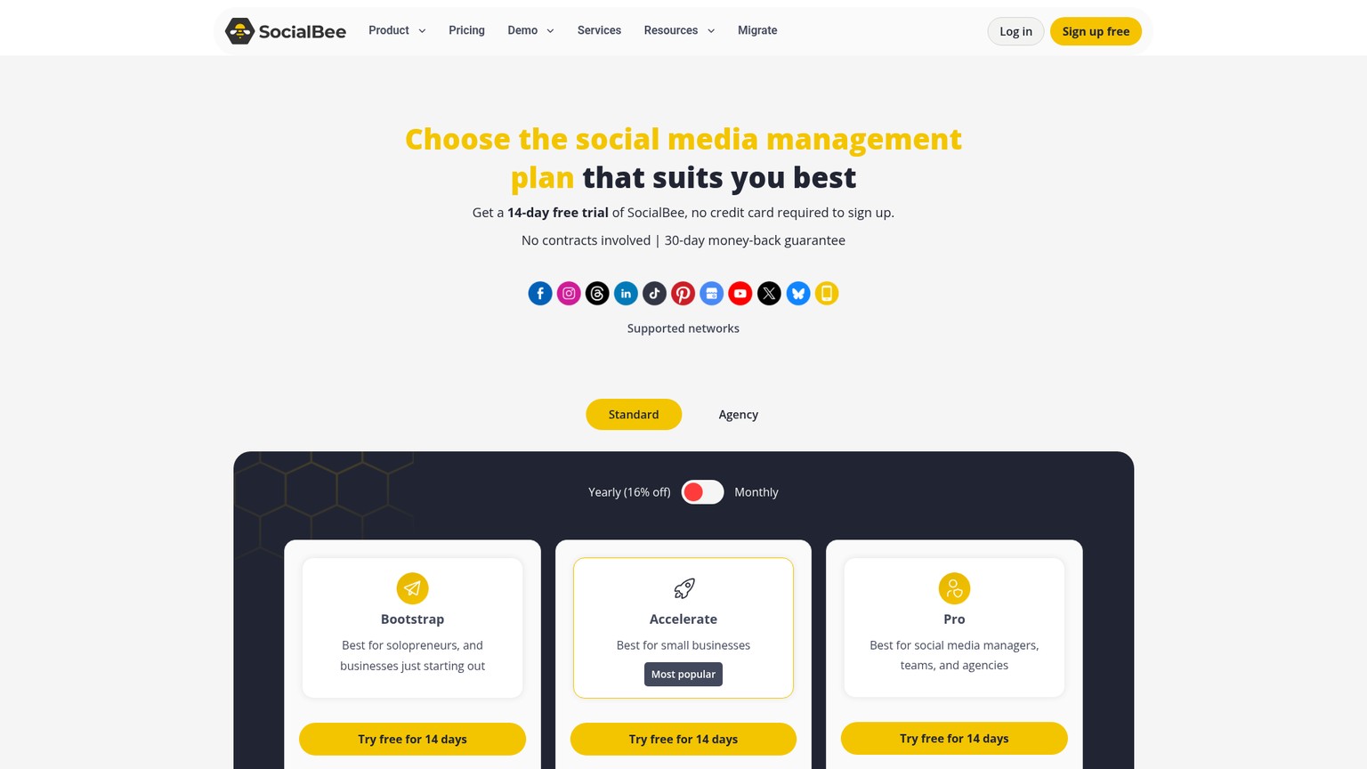 SocialBee pricing page showing standard and agency plans