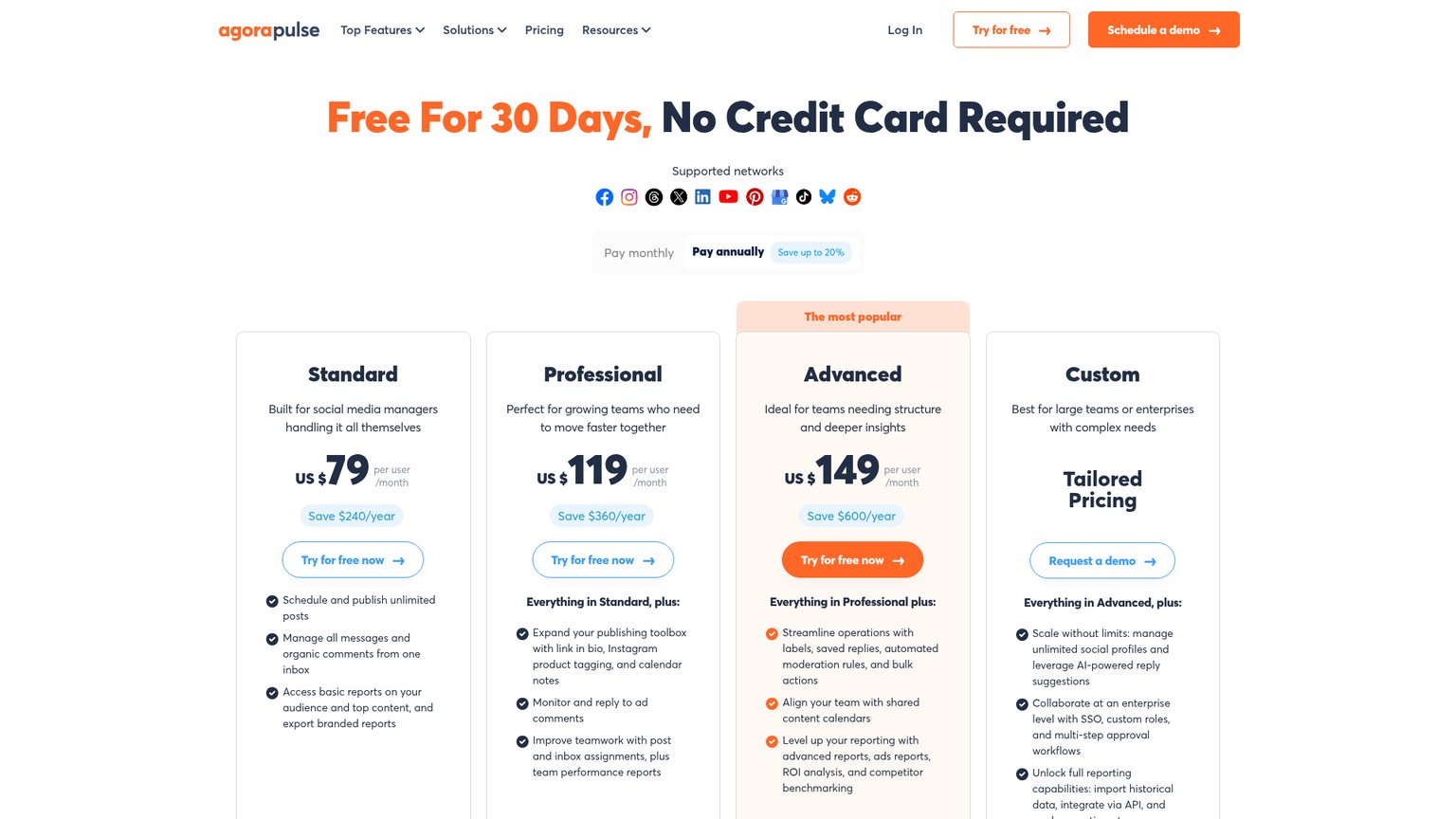 Agorapulse pricing page showing Standard, Professional, Advanced, and Custom plans