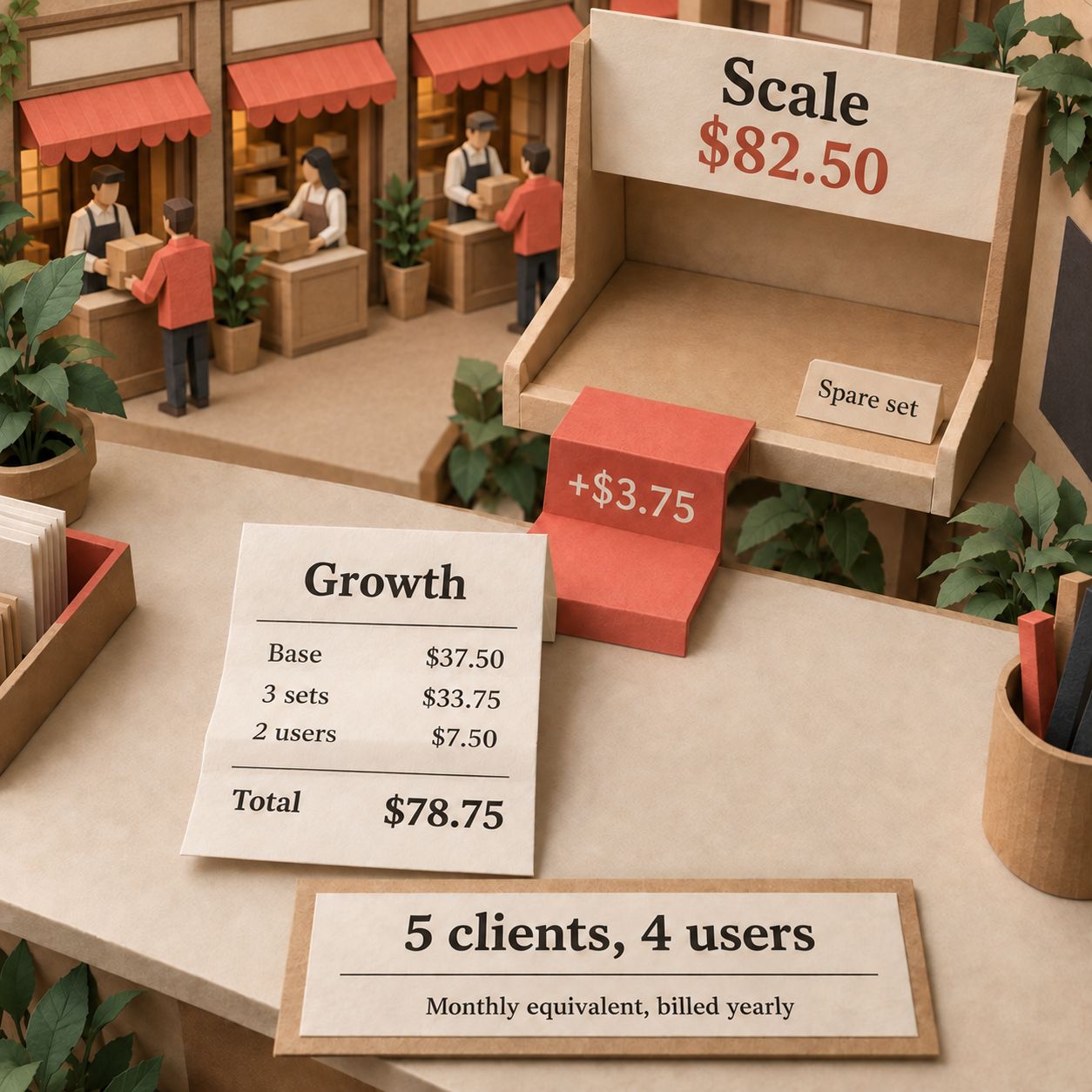 Five clients and four users cost $78.75 on configured Growth versus $82.50 on Scale, billed yearly