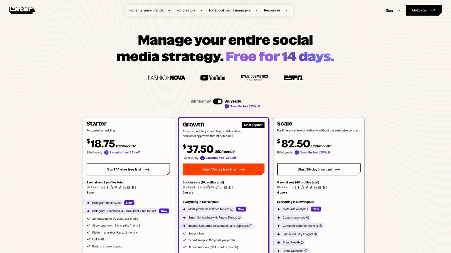 Later Social pricing page with Starter, Growth and Scale plans