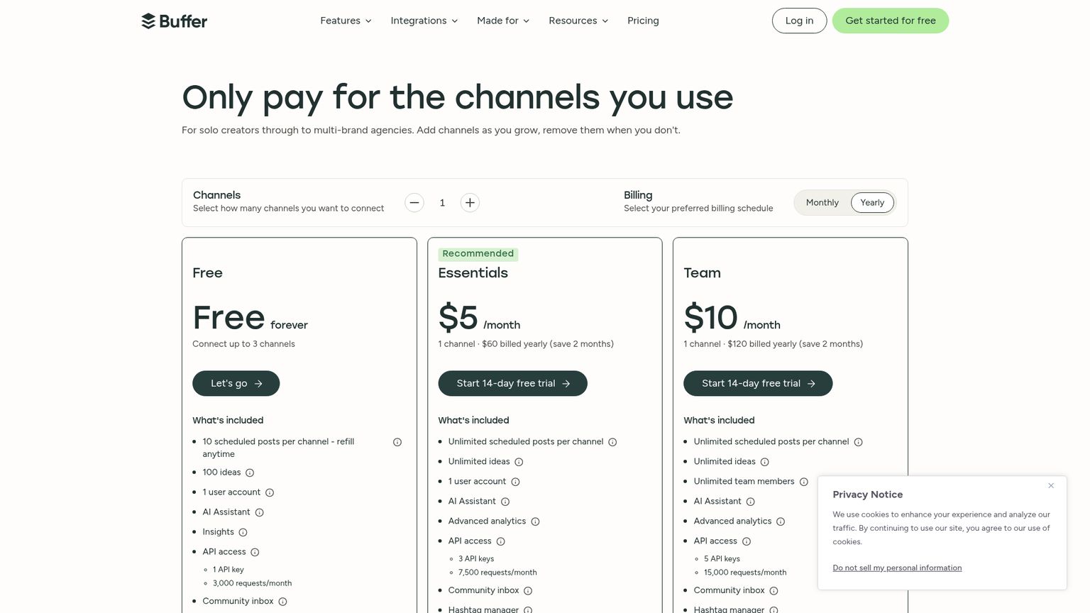 Buffer pricing page with Free, Essentials and Team channel pricing