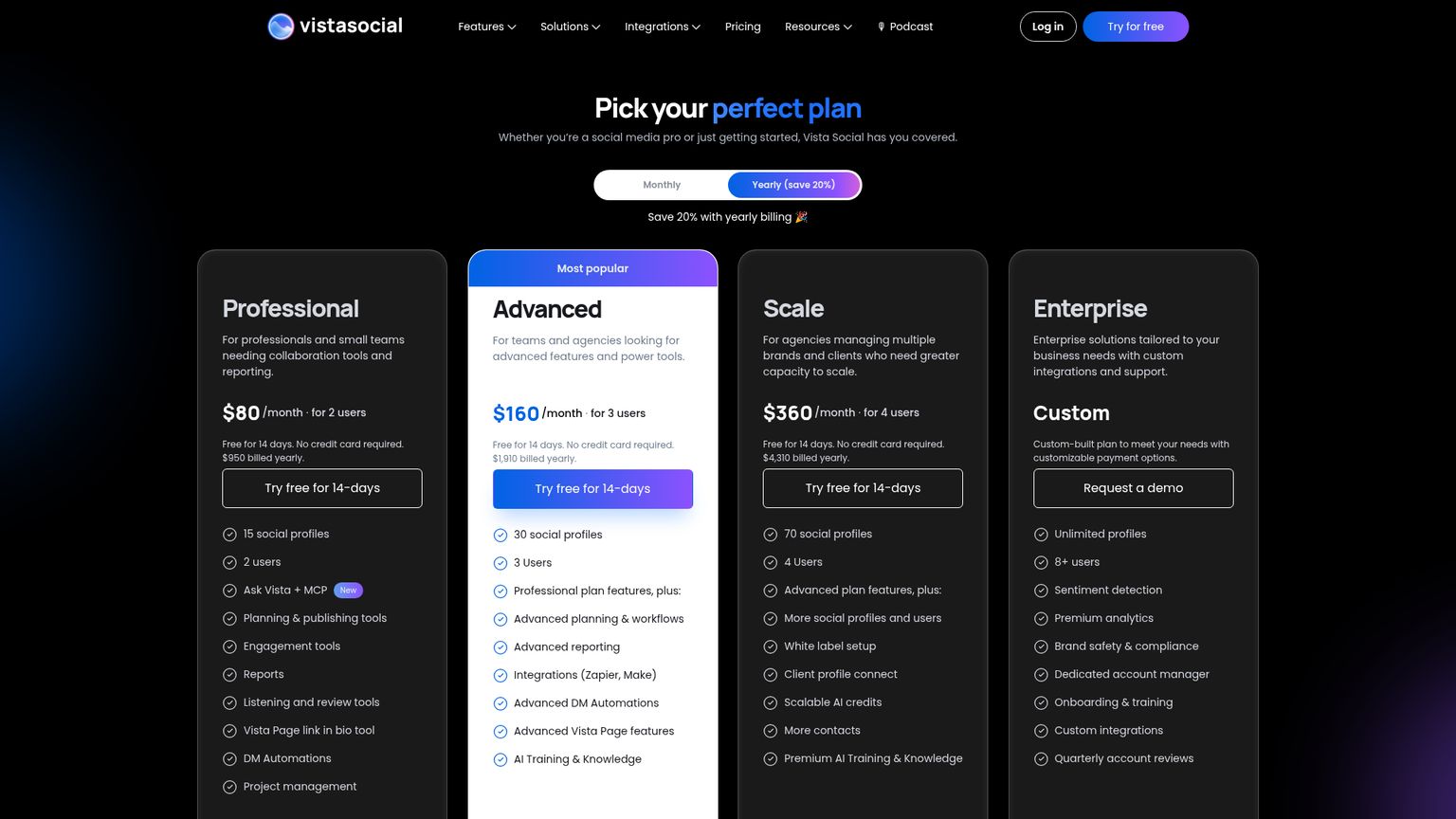 Vista Social pricing page showing Professional profile and user limits