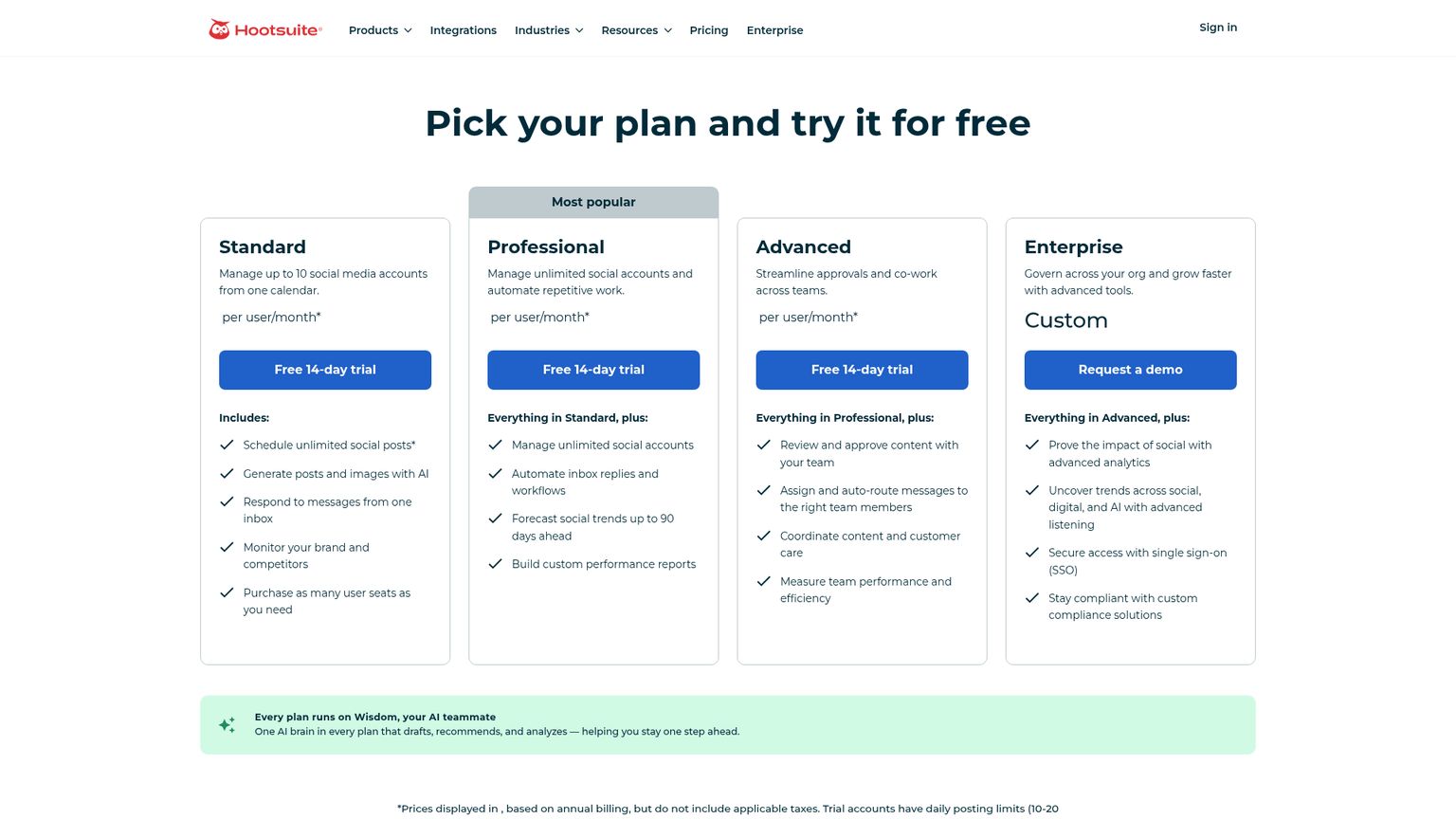 Hootsuite plans page showing per-user pricing