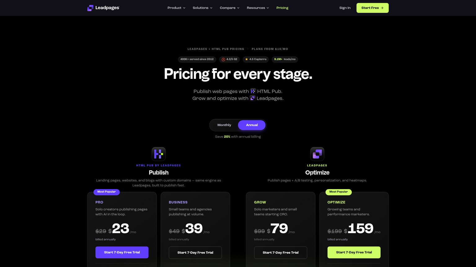 Действующая страница тарифов Leadpages с планами для публикации и оптимизации