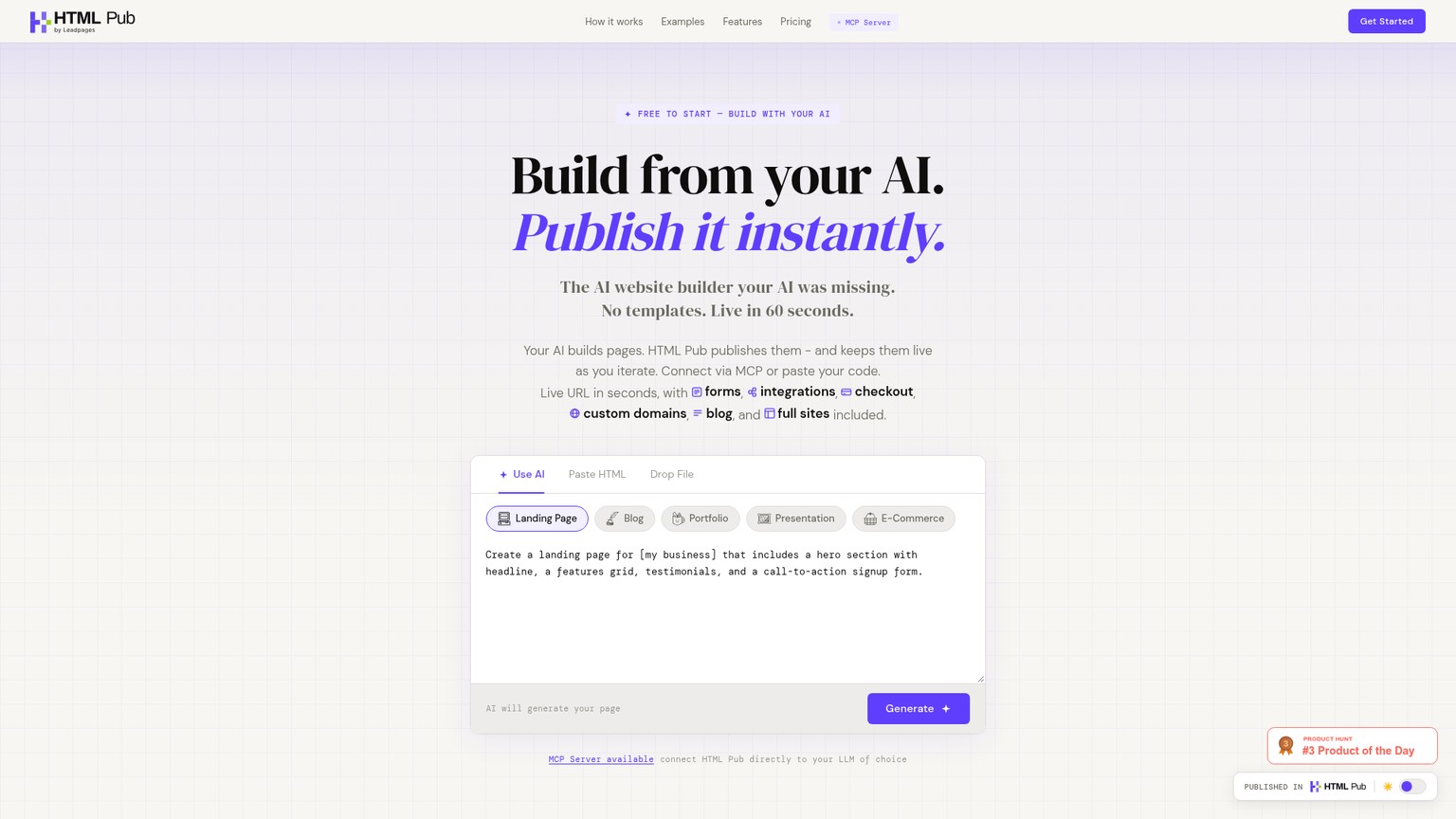 HTML Pub — продукт для публикации страниц, сайтов и блогов, созданных с помощью ИИ