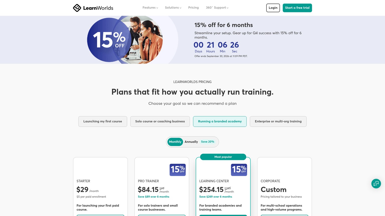 Starter、Pro Trainer、Learning Center、Corporateの各プランが並ぶLearnWorlds料金ページ