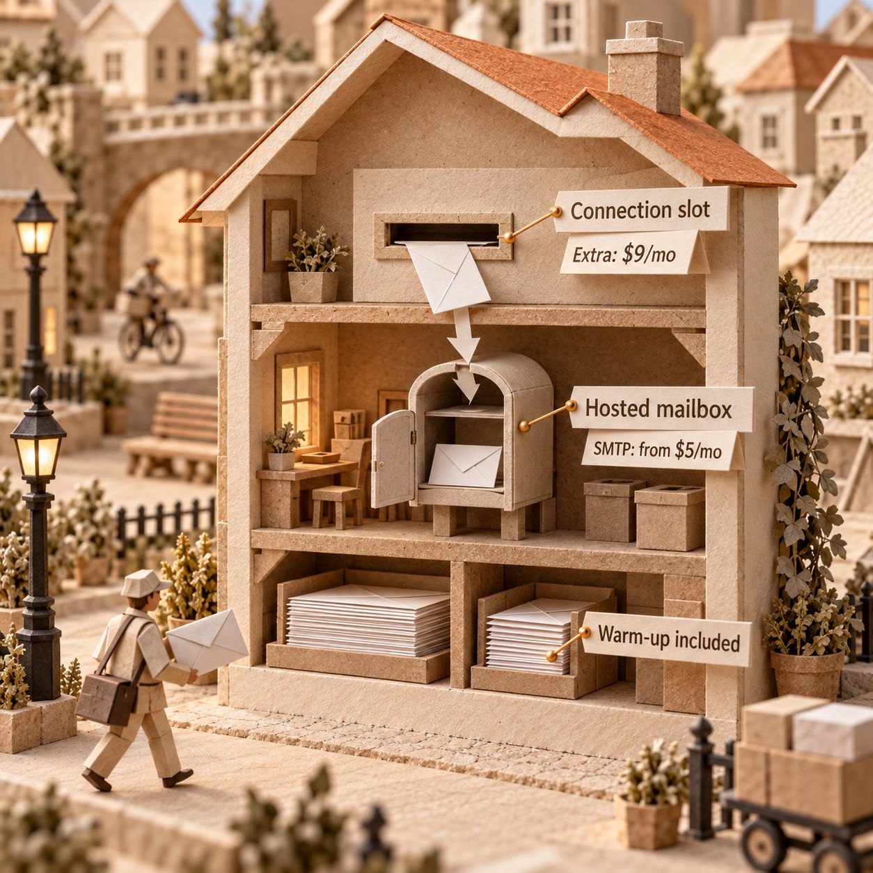 Paper posthouse cross-section separates a nine-dollar extra connection slot from a hosted SMTP mailbox starting at five dollars