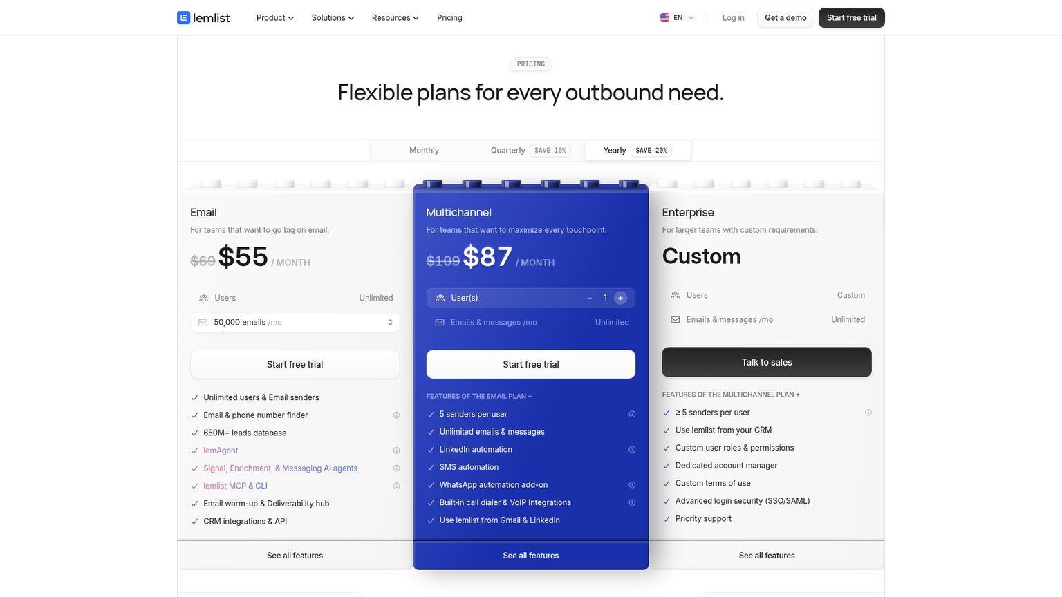 lemlist live pricing page showing Email, Multichannel and Enterprise