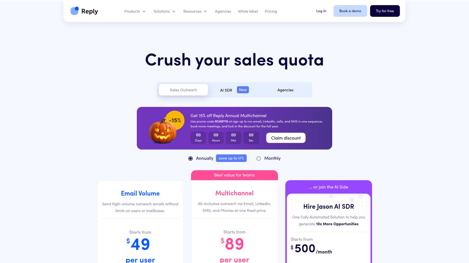Reply.io pricing page showing Email Volume, Multichannel and agency options