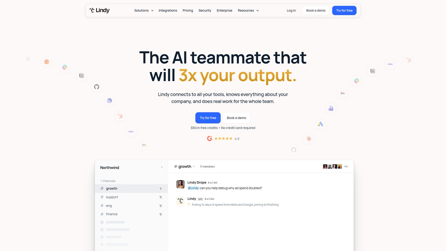 Lindy's public homepage showing its connected AI teammate and business workflows