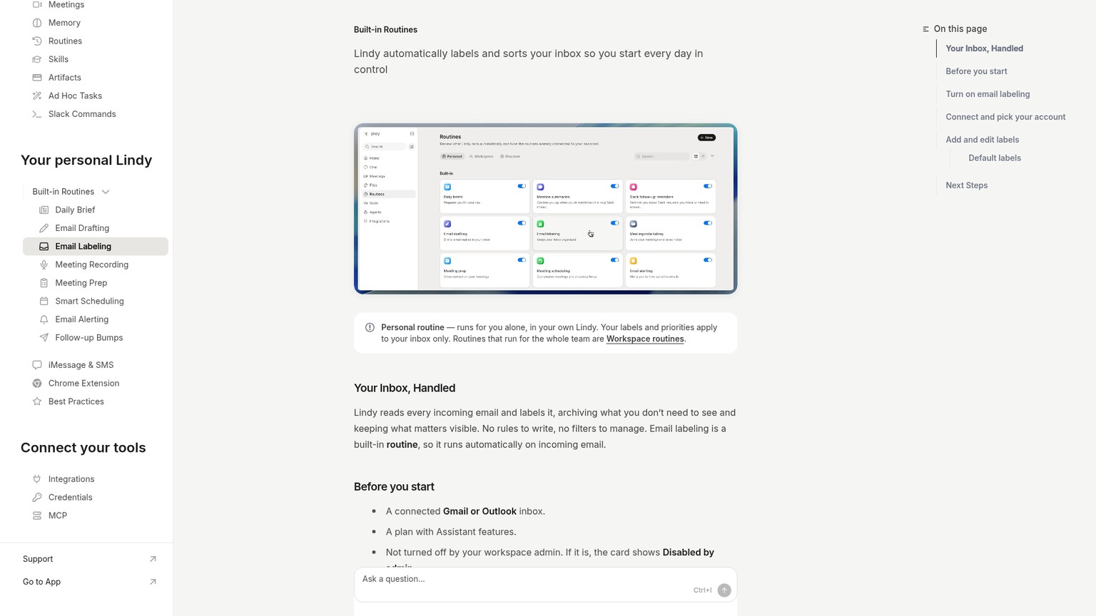 Lindy's email labeling documentation showing the Personal routine and label setup