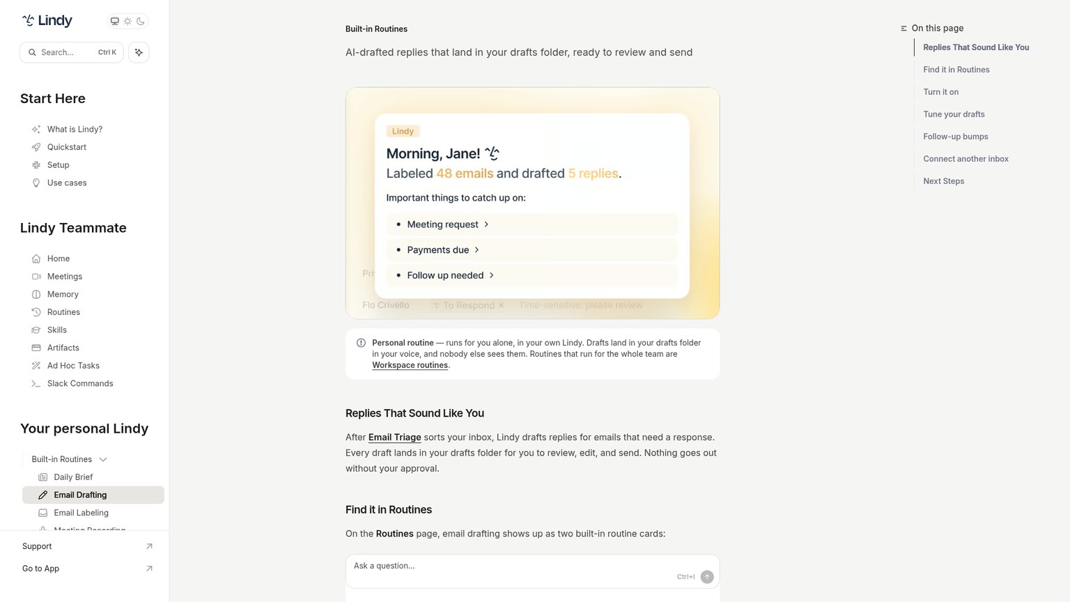 Lindy's public email drafting documentation describing instructions, signature and learned writing style