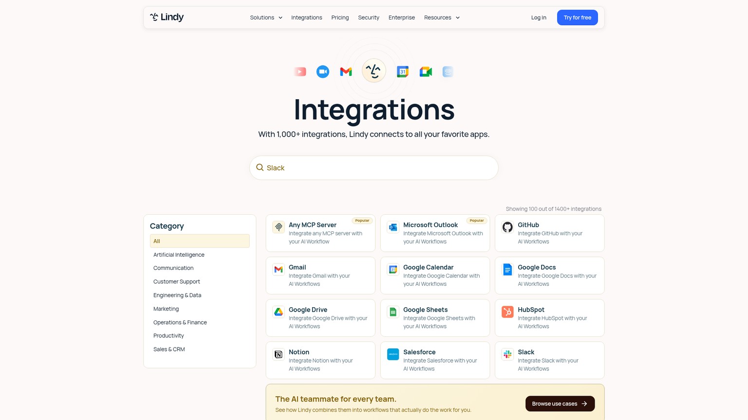 Lindy's public integration catalog listing email, calendar, CRM and business applications