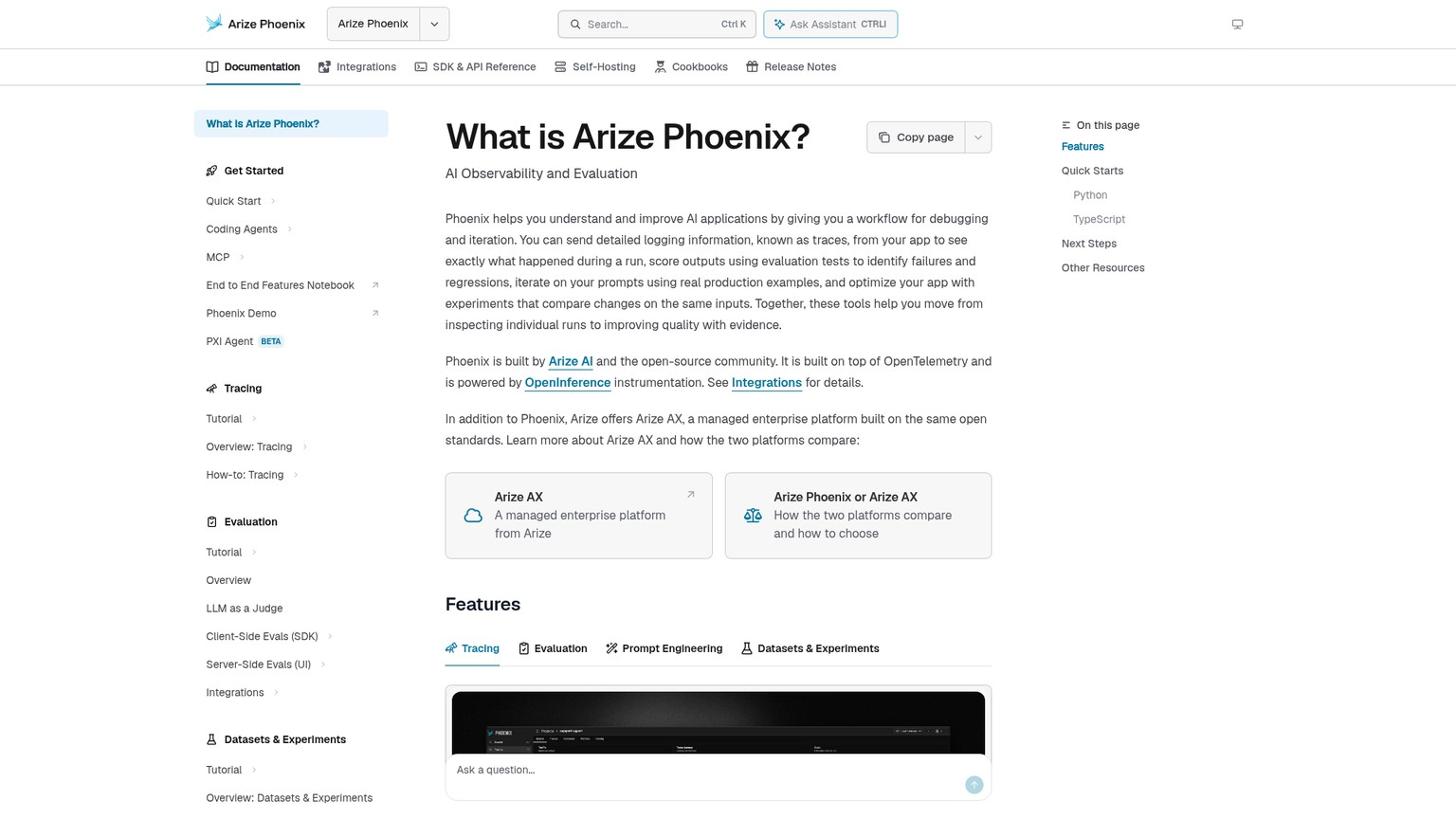 트레이싱, 평가, 프롬프트, 데이터셋, 실험 기능을 보여주는 Arize Phoenix 문서