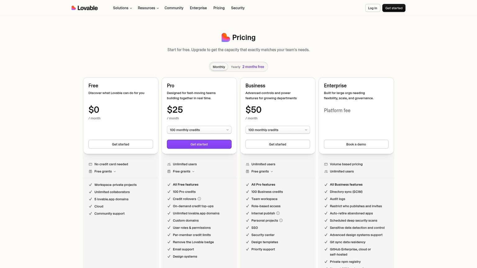 Lovable's live pricing page with Free, Pro, Business and Enterprise plans