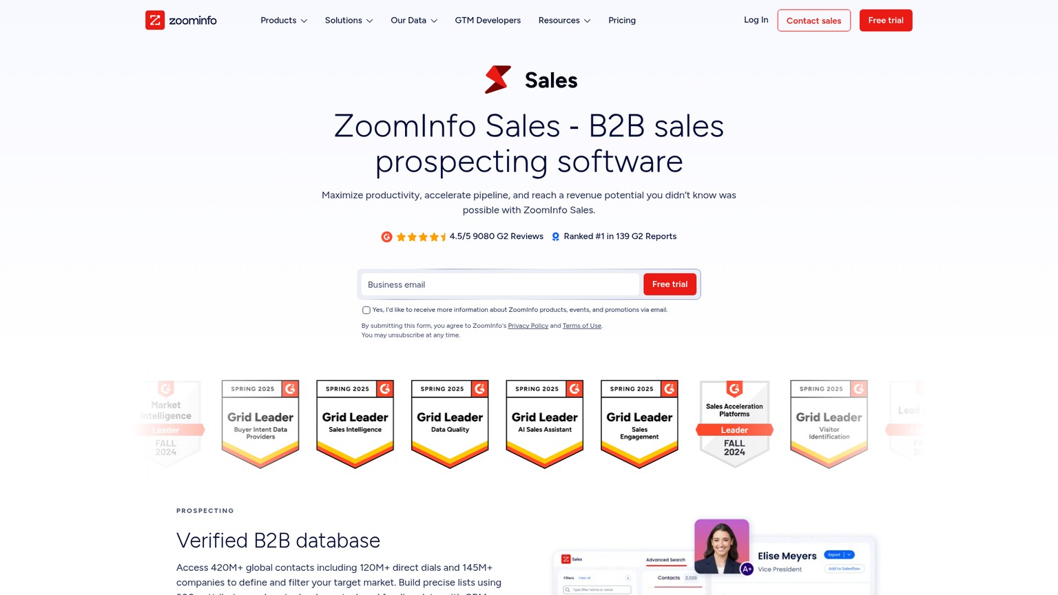 Страница продукта ZoomInfo Sales с контактными данными, аналитикой по компаниям и возможностями автоматизации