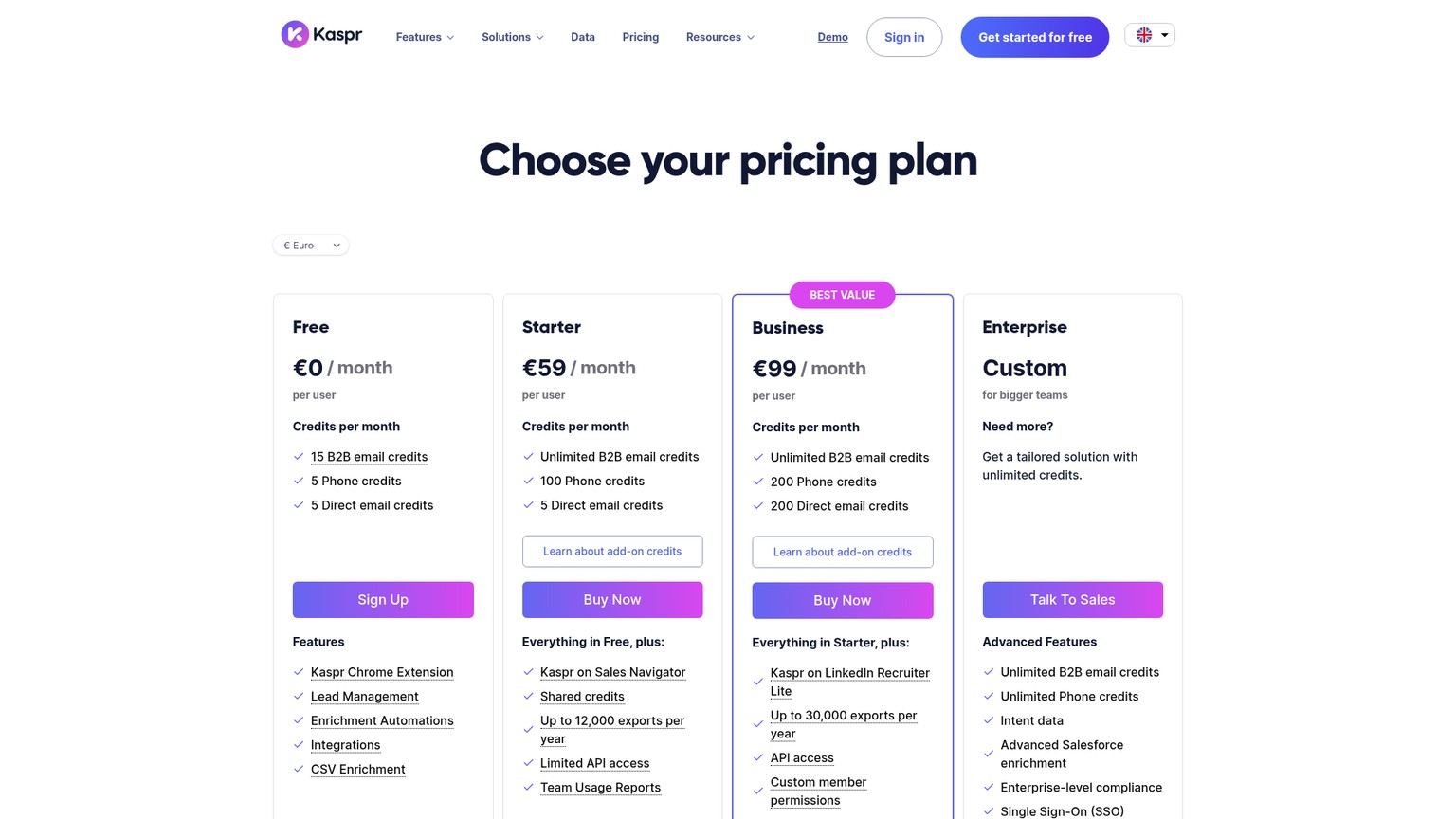 Страница цен Kaspr с тарифами Free, Starter, Business и индивидуальным предложением