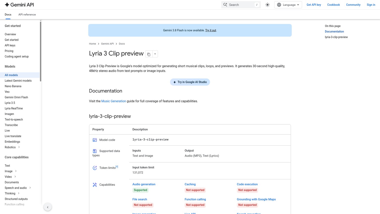 Google-AI-for-Developers-Seite für das Vorschaumodell Lyria 3 Clip