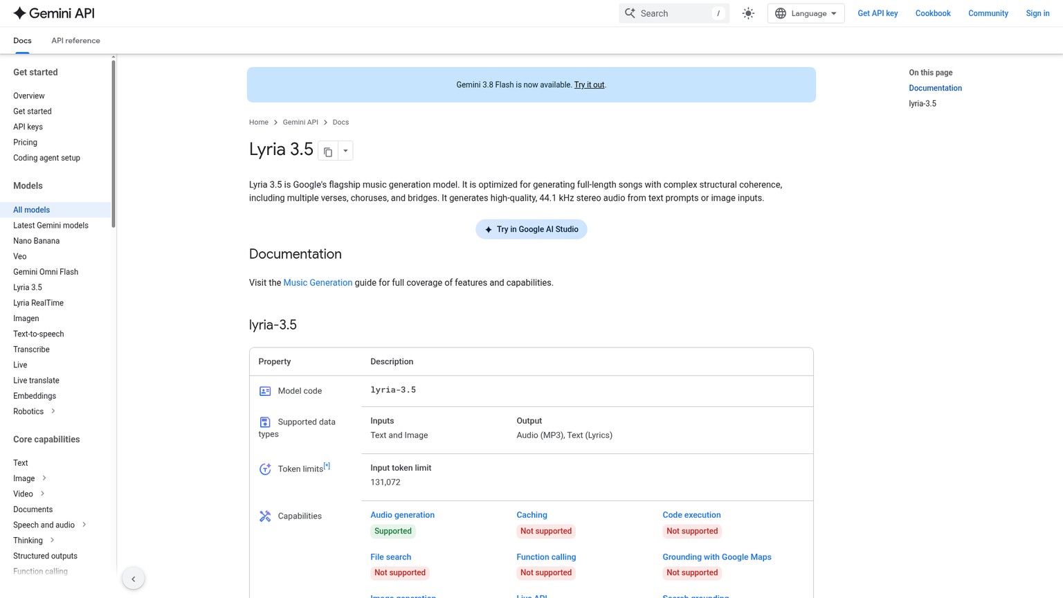 Google-AI-for-Developers-Seite für das Full-Song-Modell Lyria 3.5