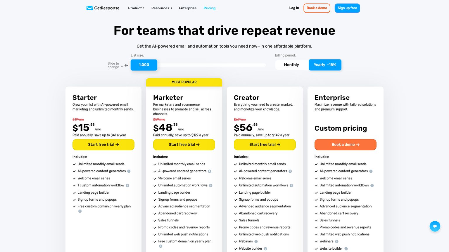 أسعار خطط Starter وMarketer وCreator وEnterprise في GetResponse