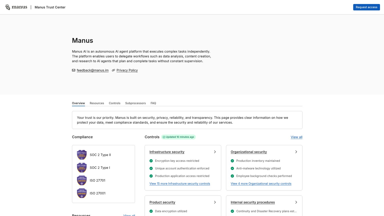 Manus Trust Center mit Informationen zu Sicherheits- und Datenschutzstandards