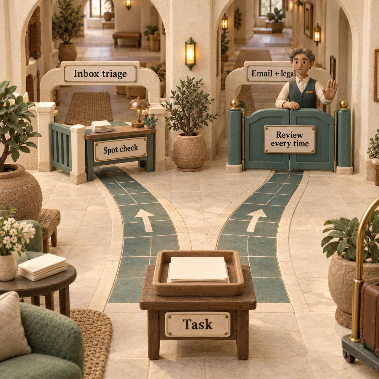 Clay guesthouse paths showing spot checks for inbox triage and an approval gate for email and legal work